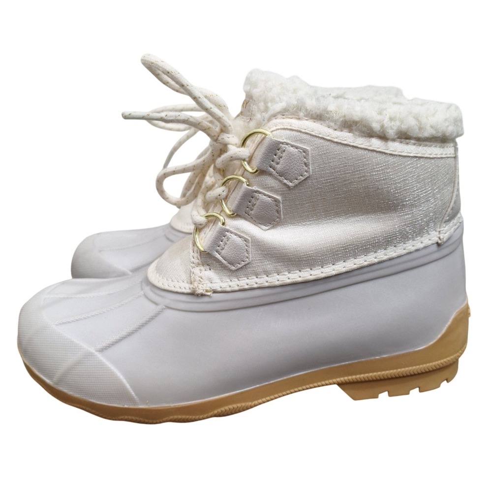 Sperry Women's 5M Saltwater White Shimmer Faux Fur Lined Duck Boots SCK166207